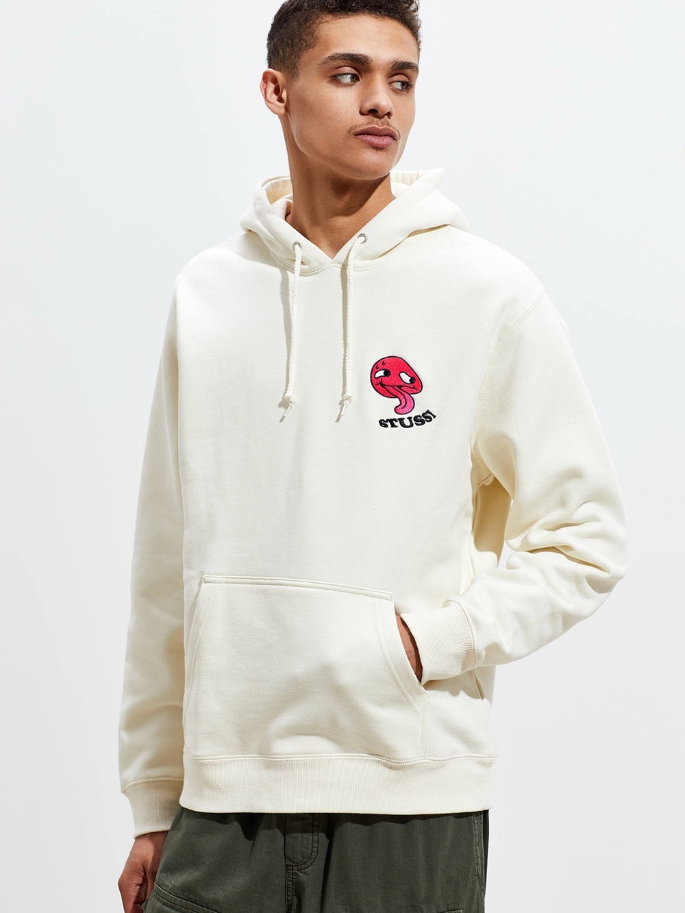 Stussy Dose Cream embroidered Pullover Hoodie Sweatshirt Men Small UO